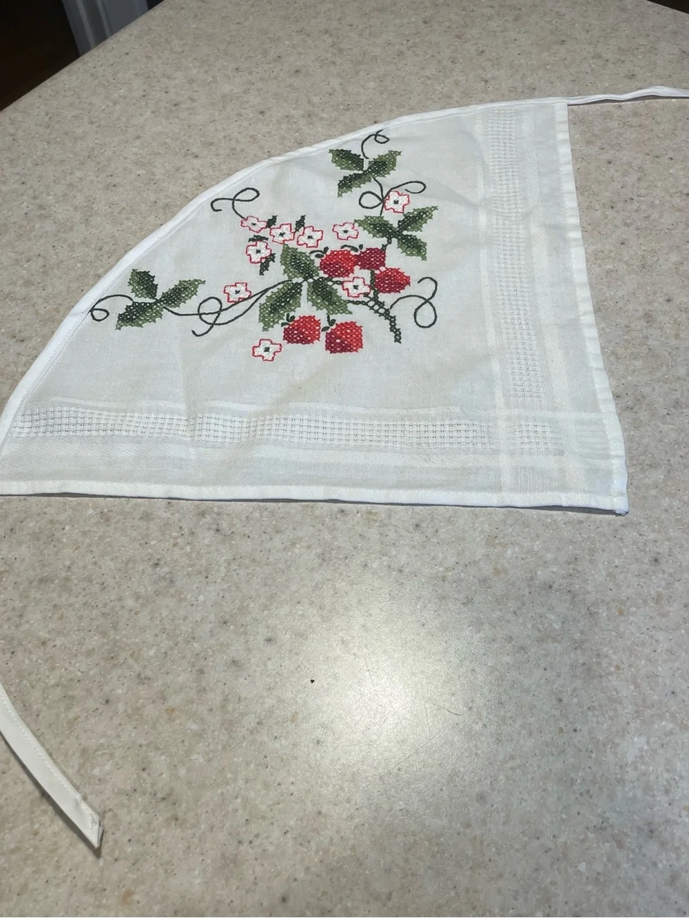 Vintage Head Scarf Upcycled Tablecloth Embroidered Floral Strawberry Handmade